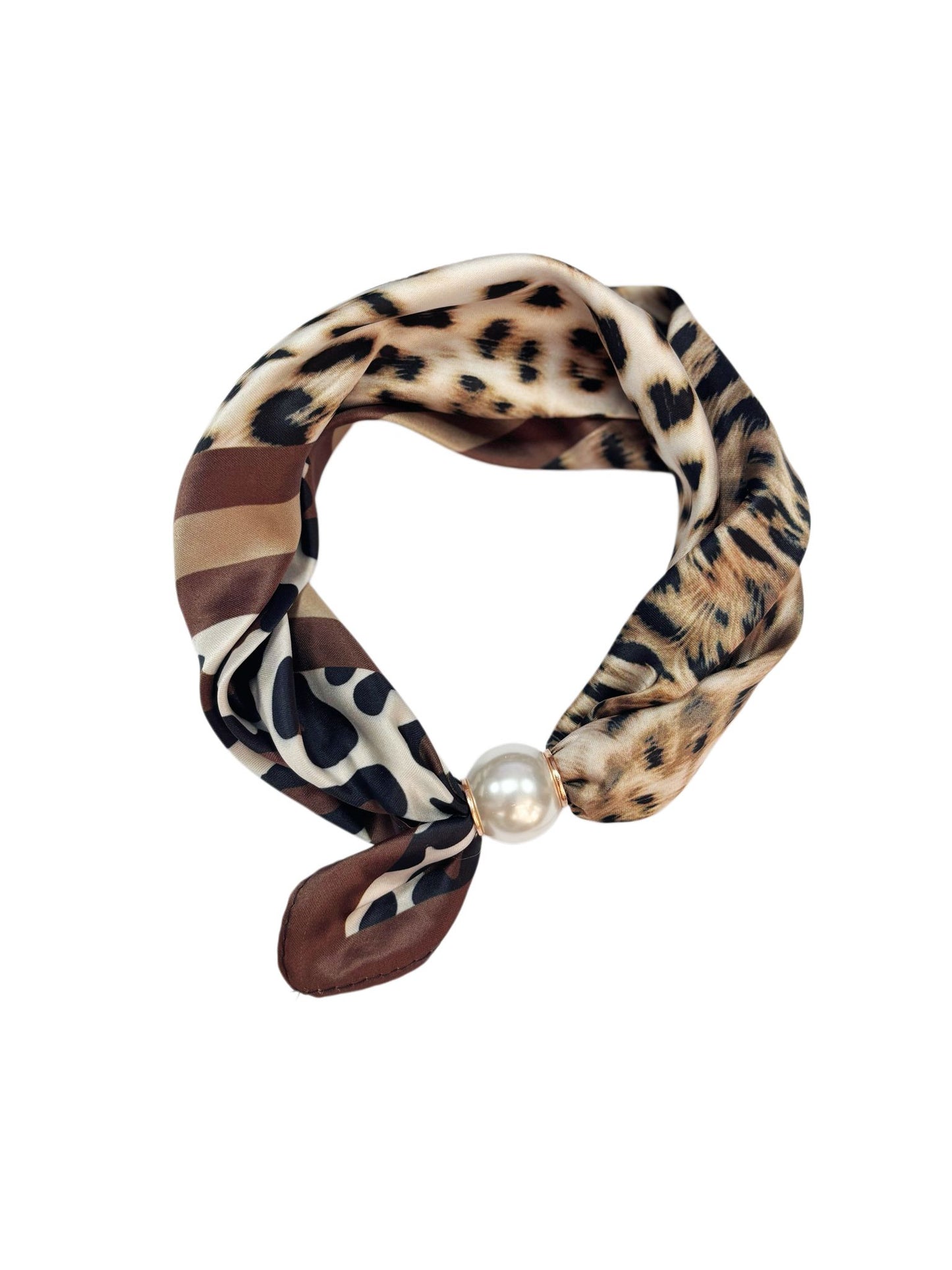 Magnetic Pearl Neck Scarf Leopard Brown Trim