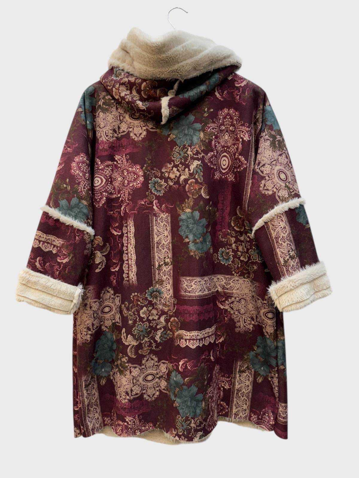 Oversized Hooded Printed Coat Wine & Teal