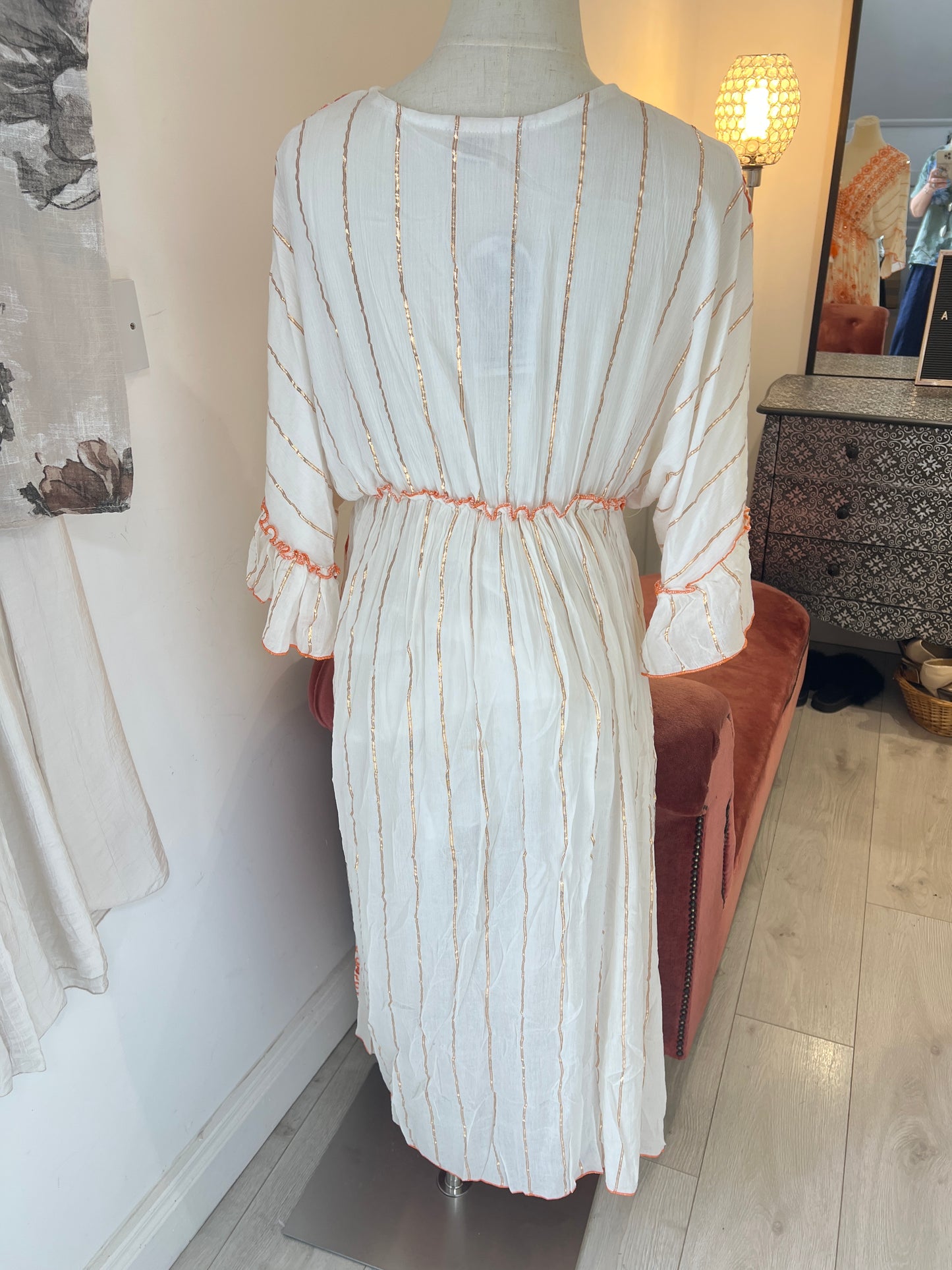Sunset Boho Embroidered Midi Dress – Orange & Cream (One Size)