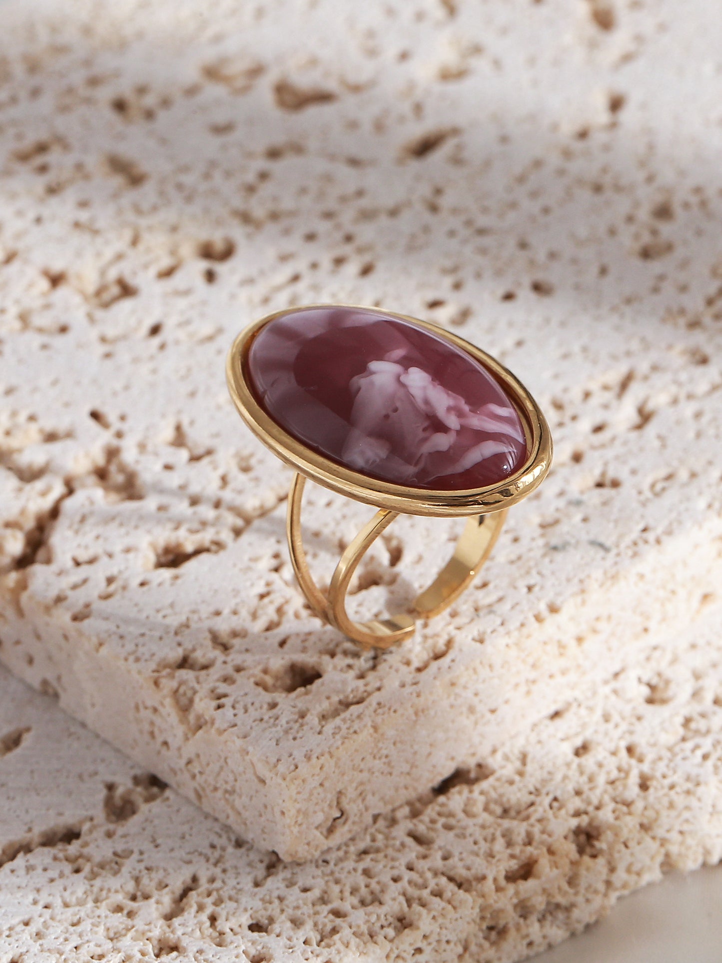 Wine Marbled Resin Oval & Gold Adjustable Ring