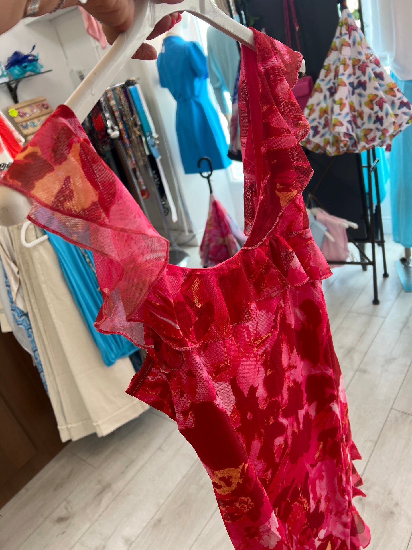 Farah Pink & Wine Ruffle Maxi Dress Side Slit