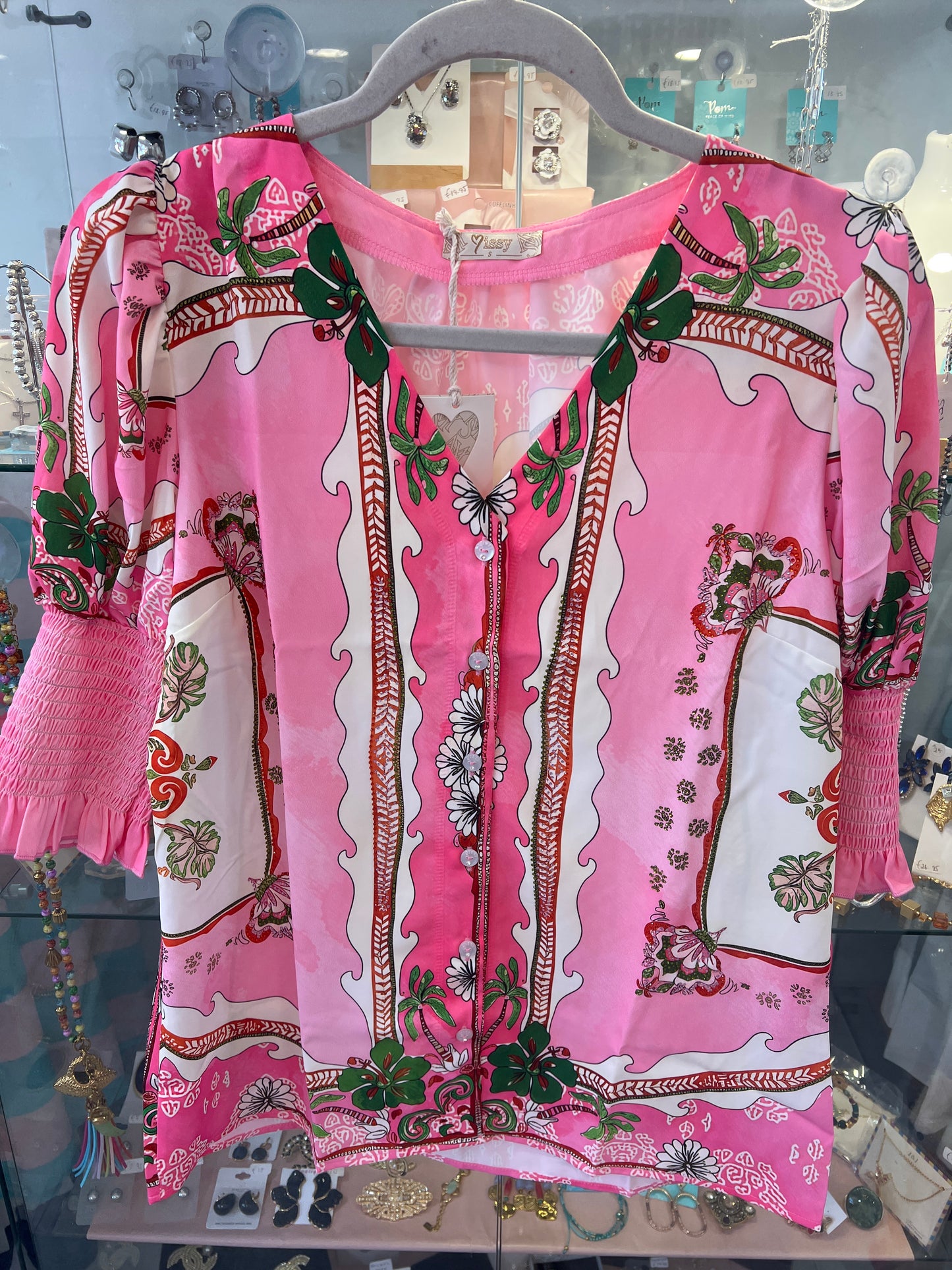 Crystal Detail Pink Print Button Front Blouse