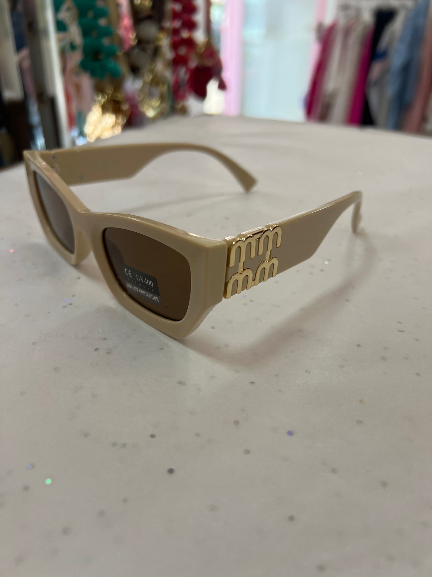 Beige Sunglasses Gold Arm Detail