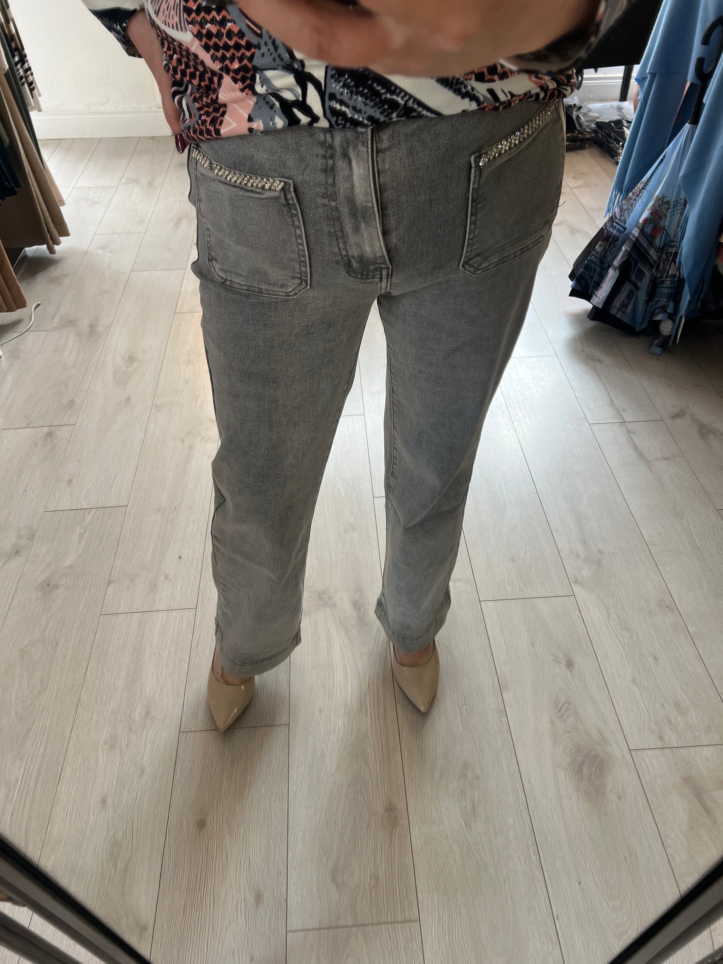 Grey Stretch Straight Leg Jeans Jewel Pocket Detail
