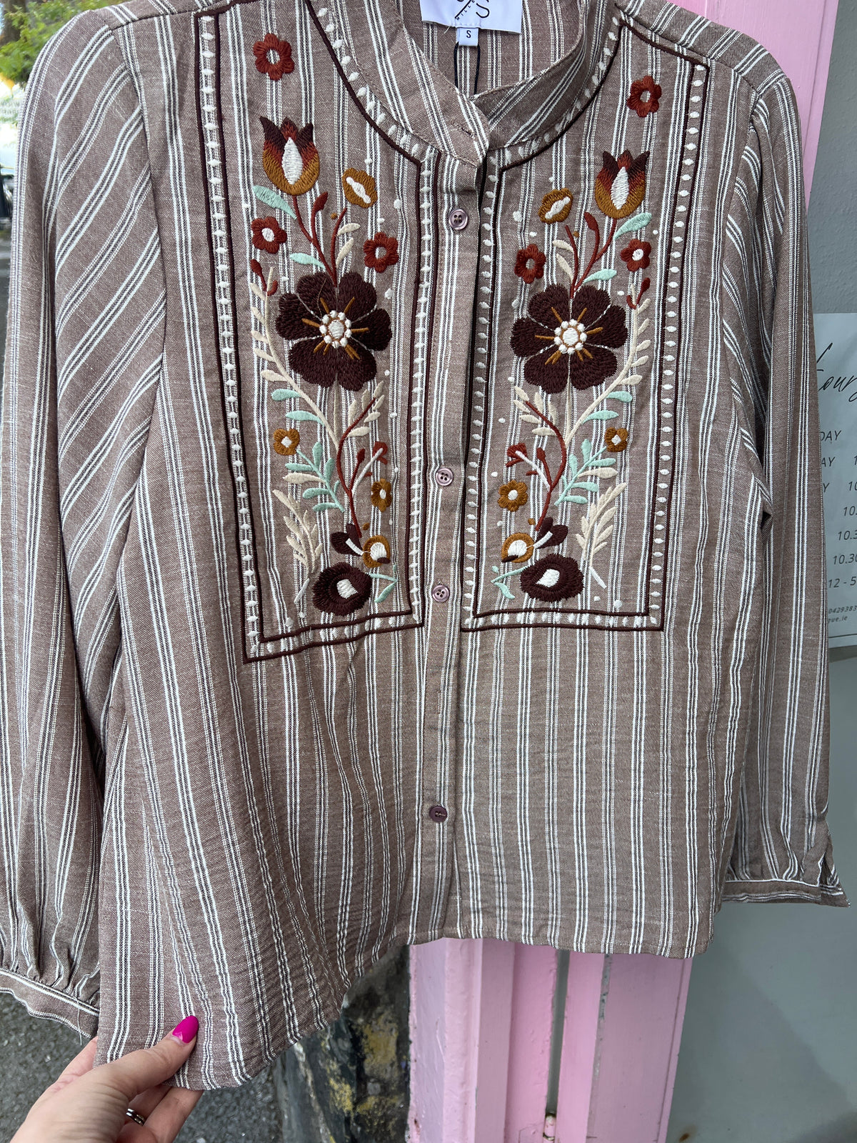 Mocha Stripe Embroidered Floral Blouse