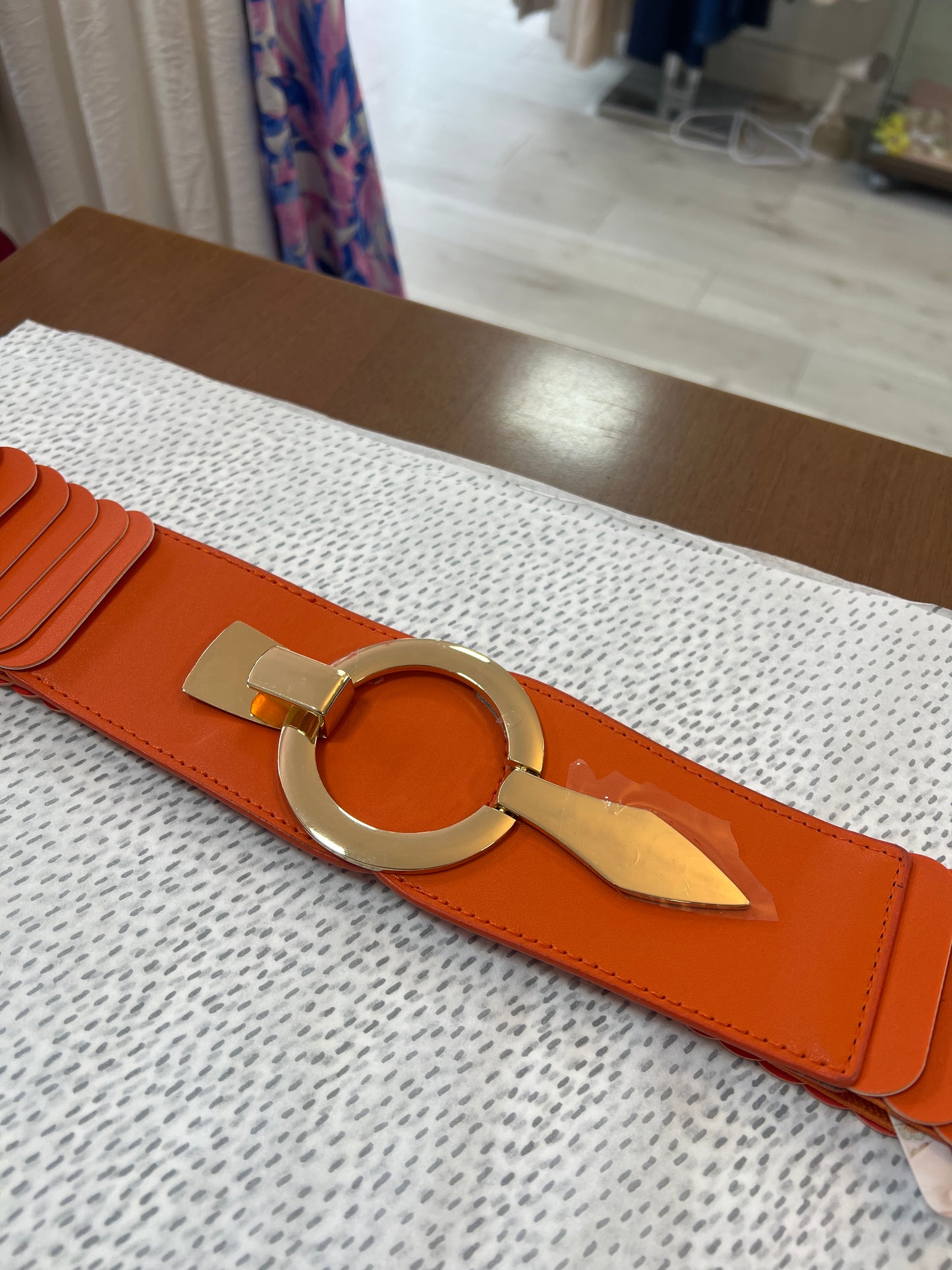 Orange Elasticated Leatherette Belt Gold Buckle