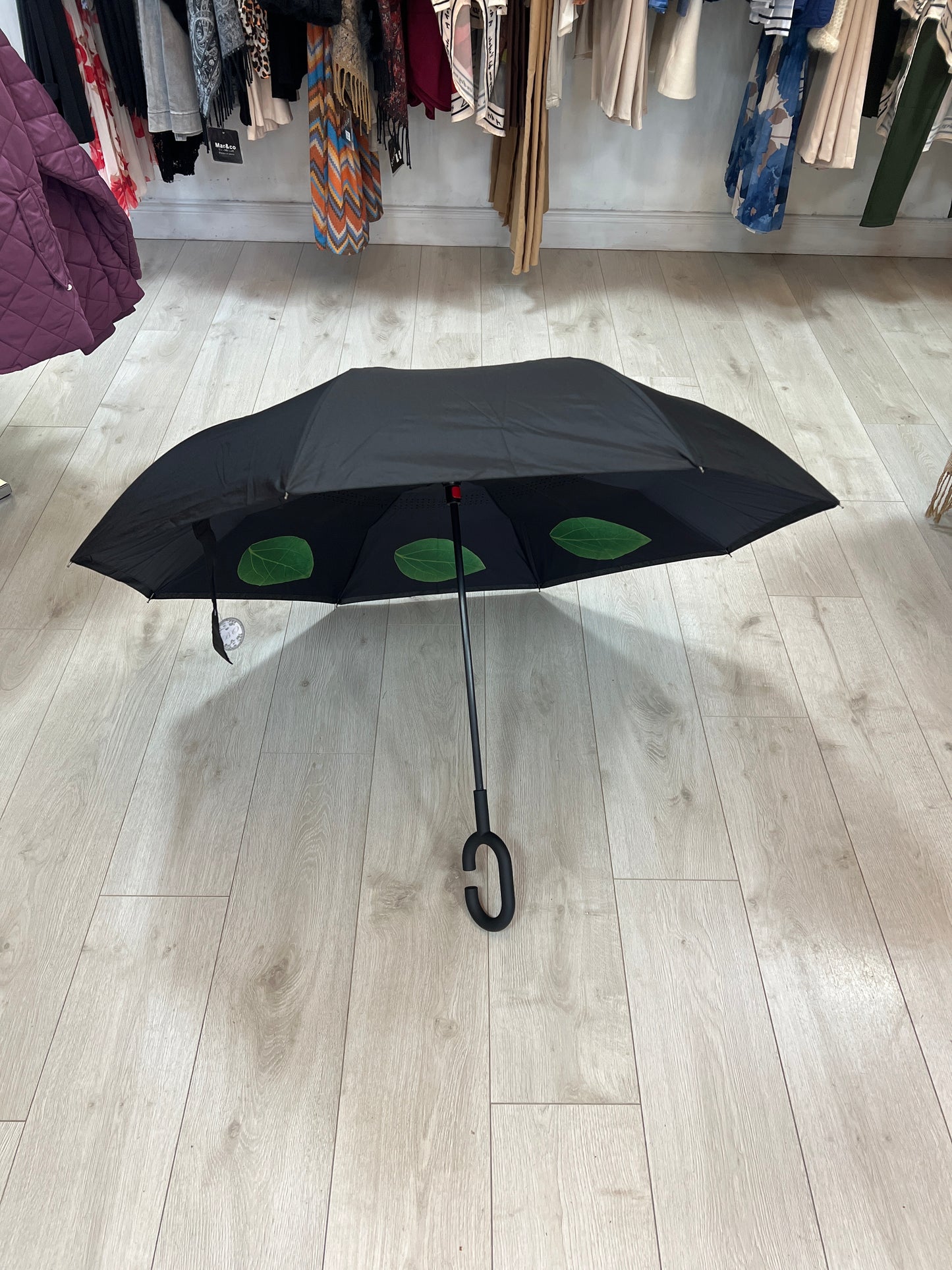 Upside Down Umbrella Black With Magenta Rose Green Leaves