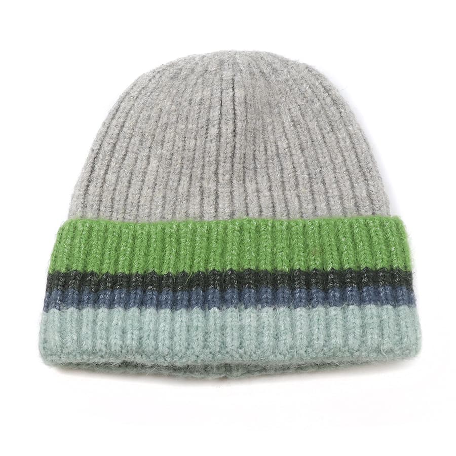 POM Grey Blue Green Ribbed Beanie Hat