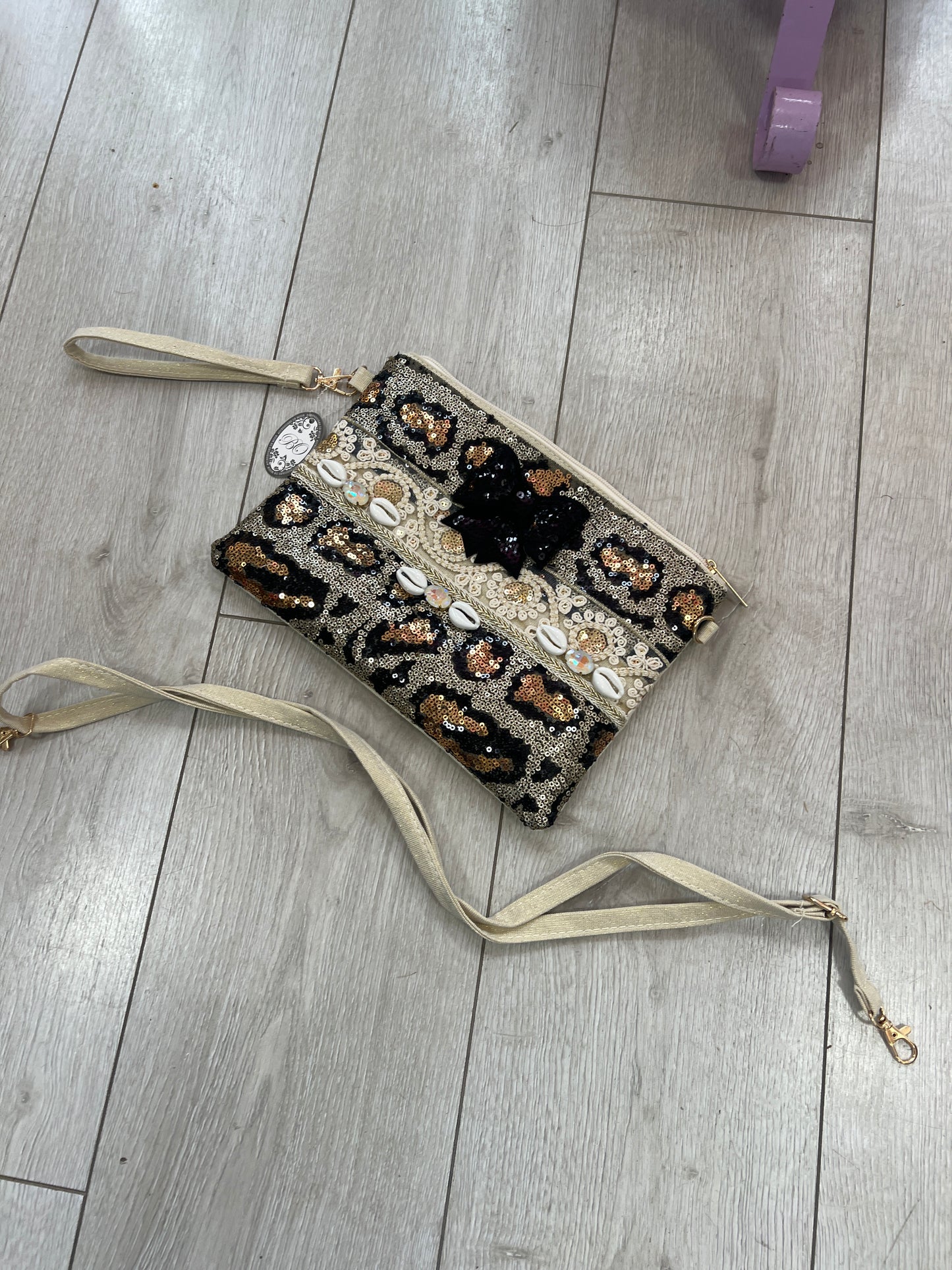 Leopard Sequenced & Cream Lurex WristBag/Crossbody