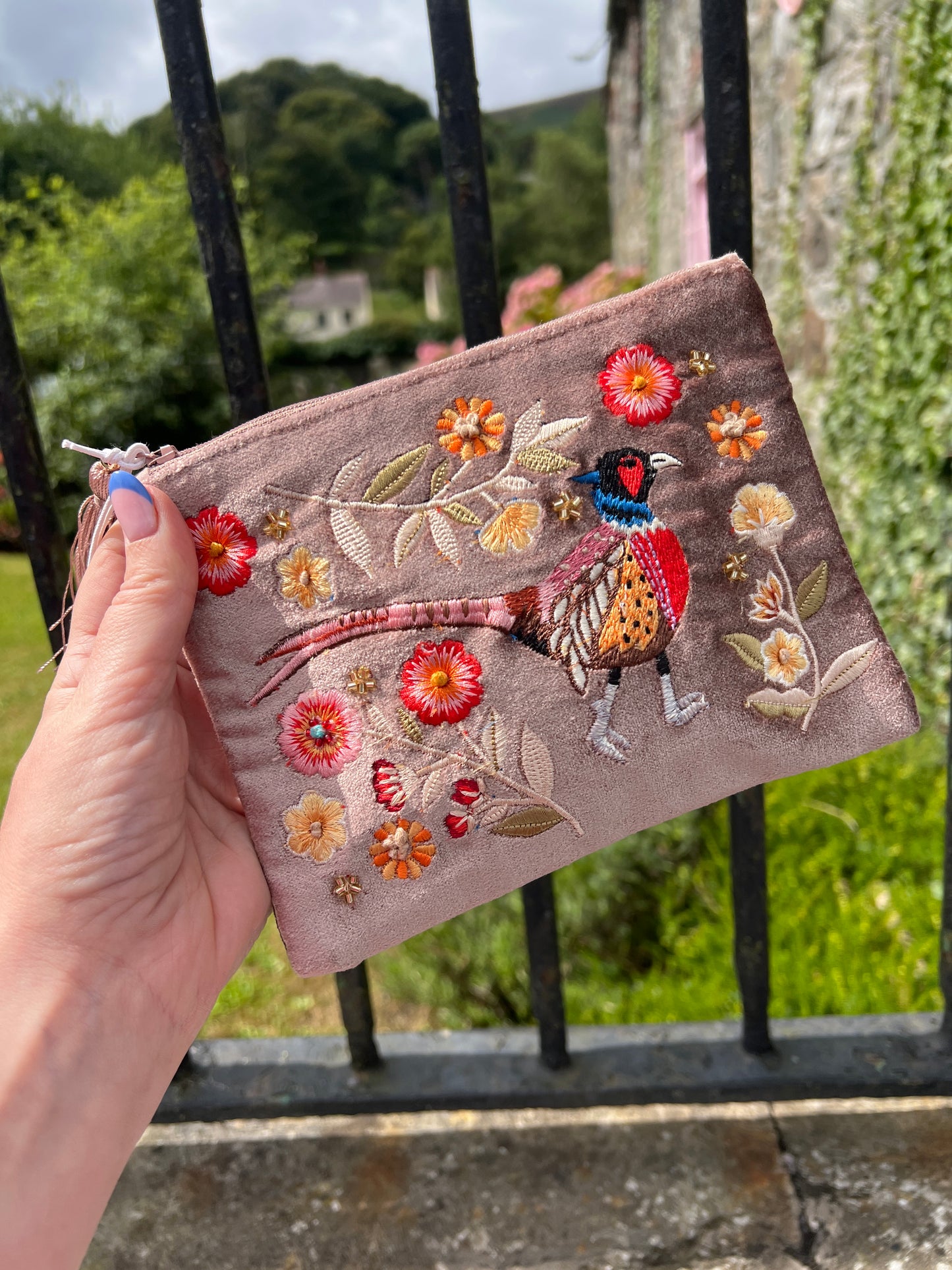 POM Taupe Embroidered Velvet Hand Purse Bird/Flowers