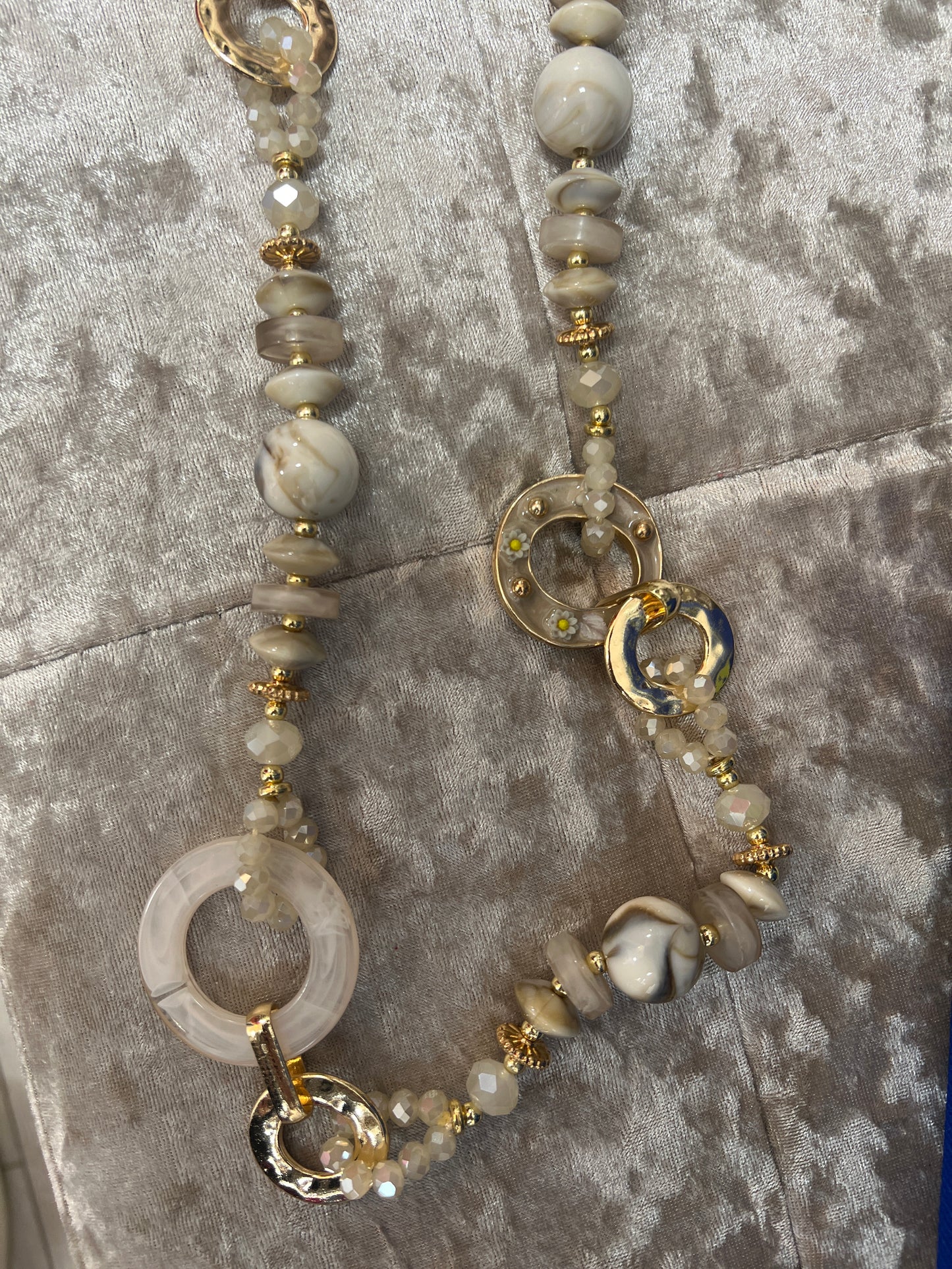 Beige & Gold Beaded Long Necklace