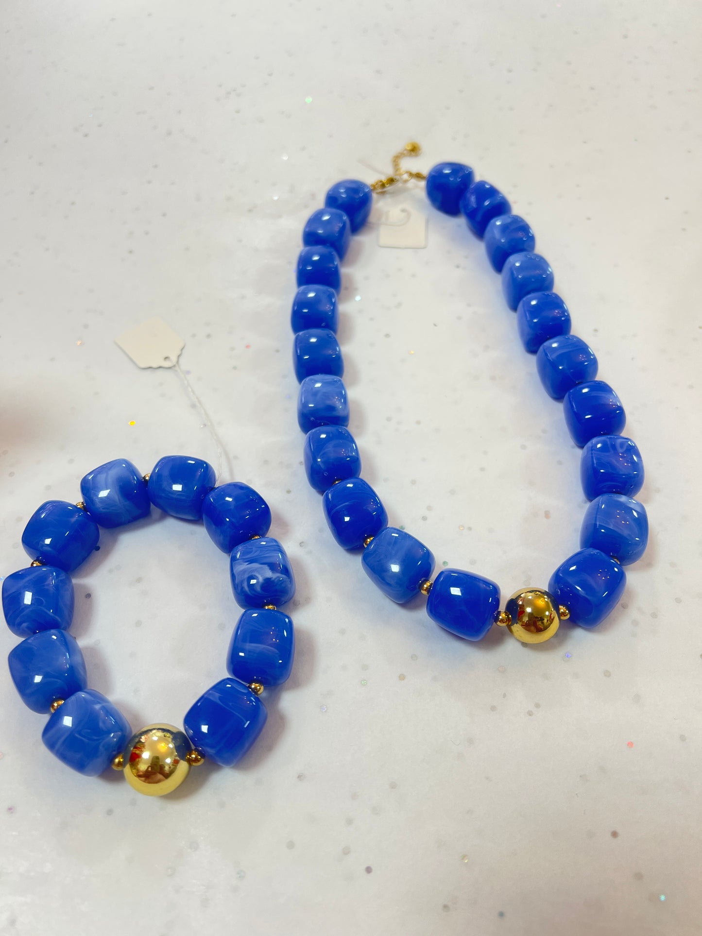 Blue Cubed Resin Bracelet Gold Ball