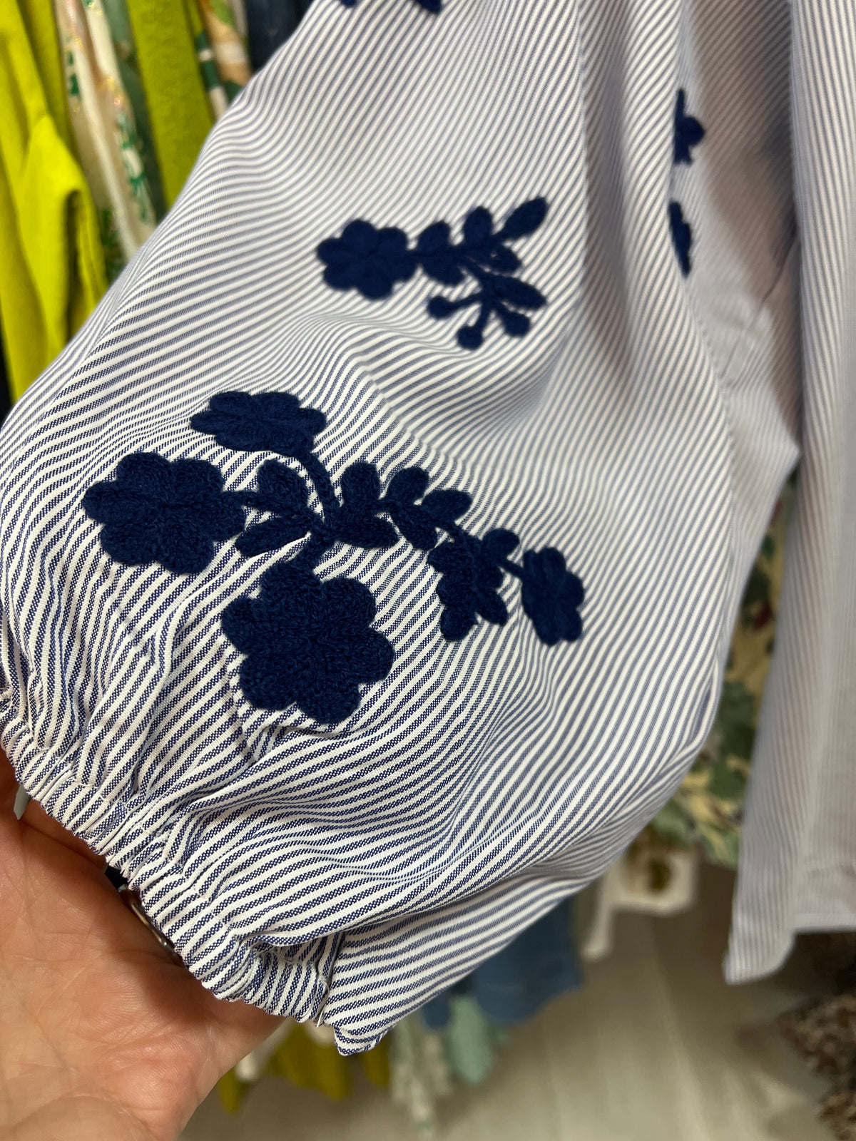 Blue Striped Boho Embroidered Blouse