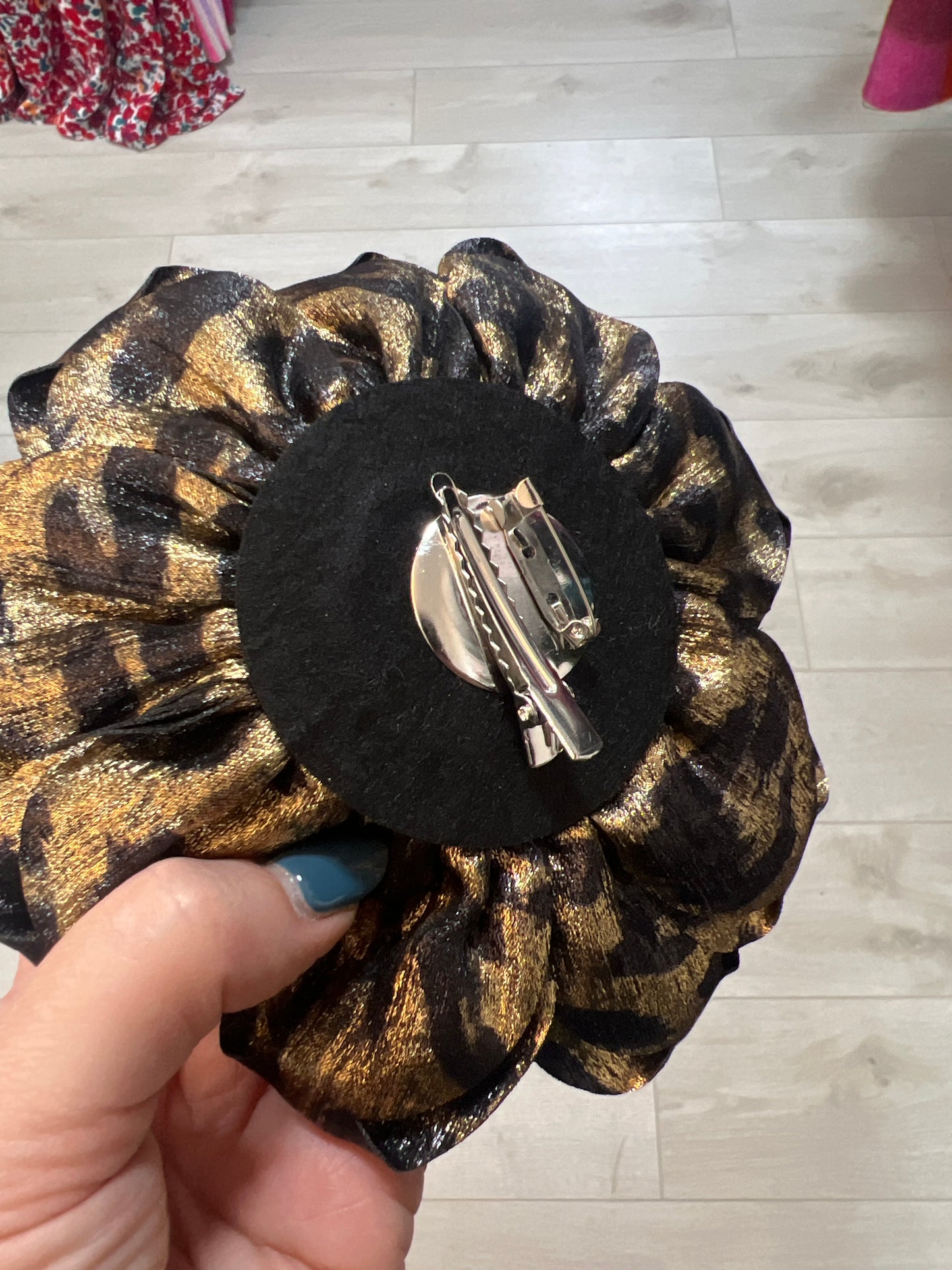 Metallic Rosette Brooch Gold & Black Animal Print