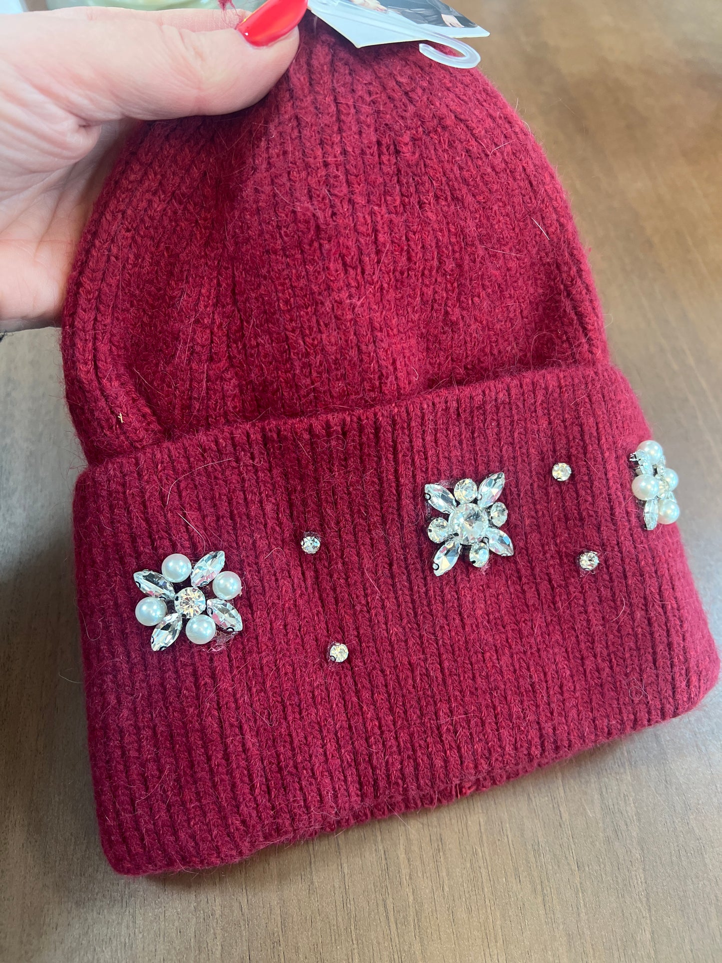 Wine Knitted Beanie Hat With Crystals