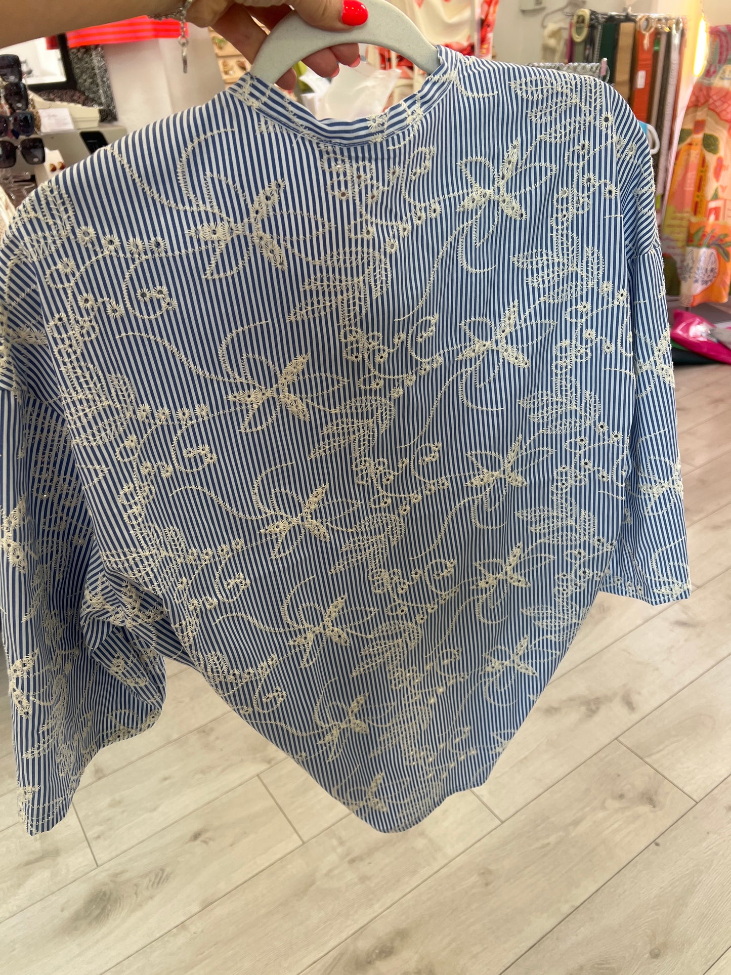 Blue & White Embroidered Stripe Shirt