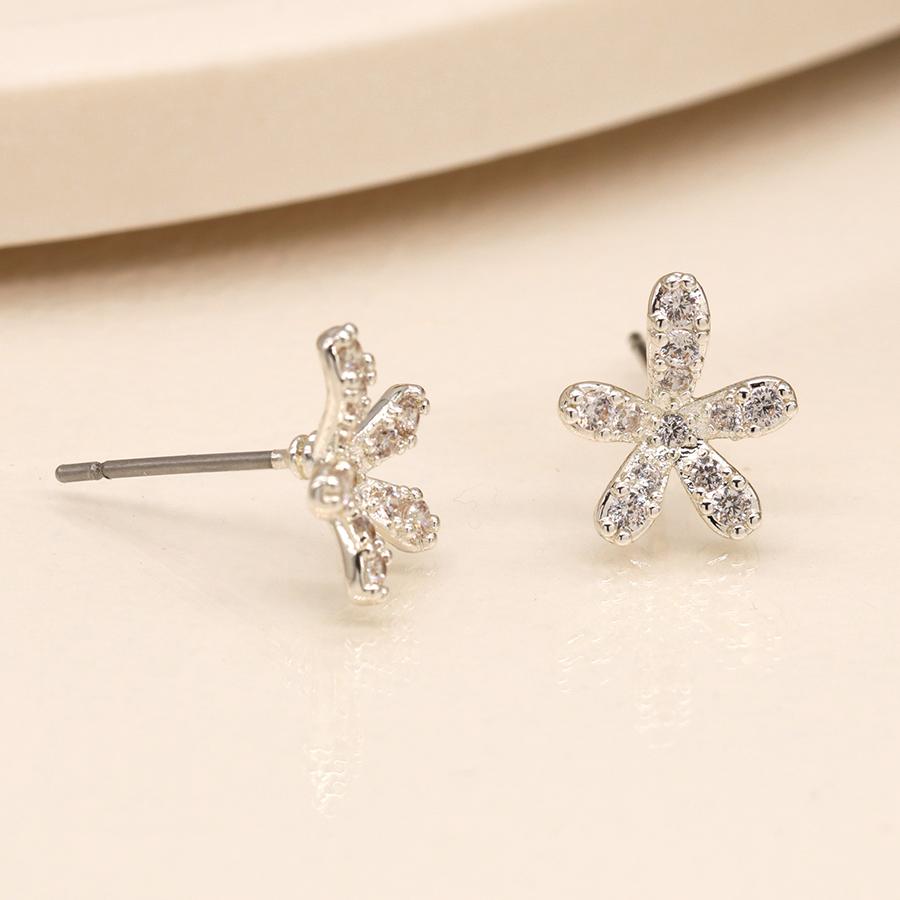 POM Silver Crystal Flower Stud Earrings