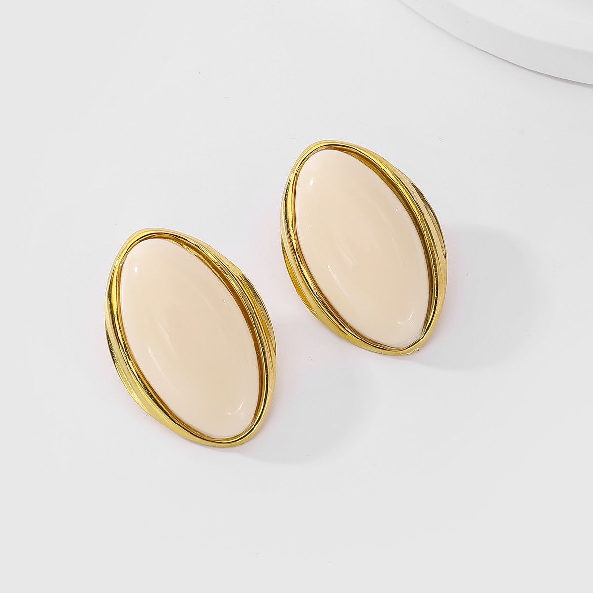 Cream & Gold Oval Statement Earrings