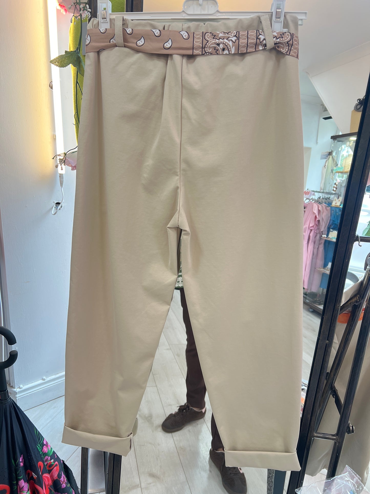 Beige Tapered Trousers With Fabric Belt