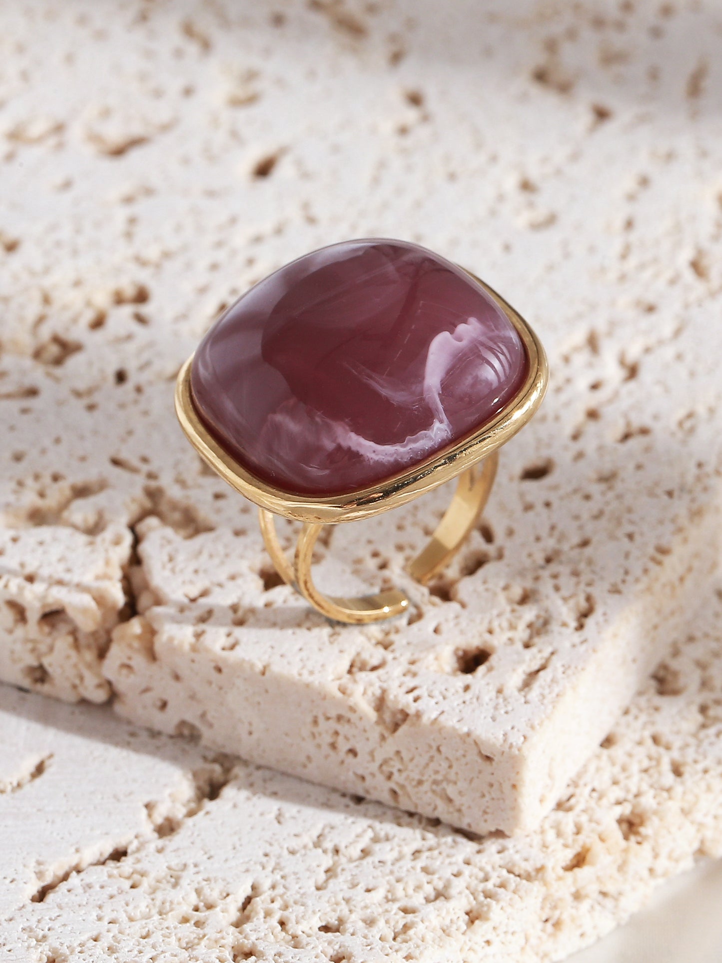 Wine Marbled Square & Gold Adjustable Ring