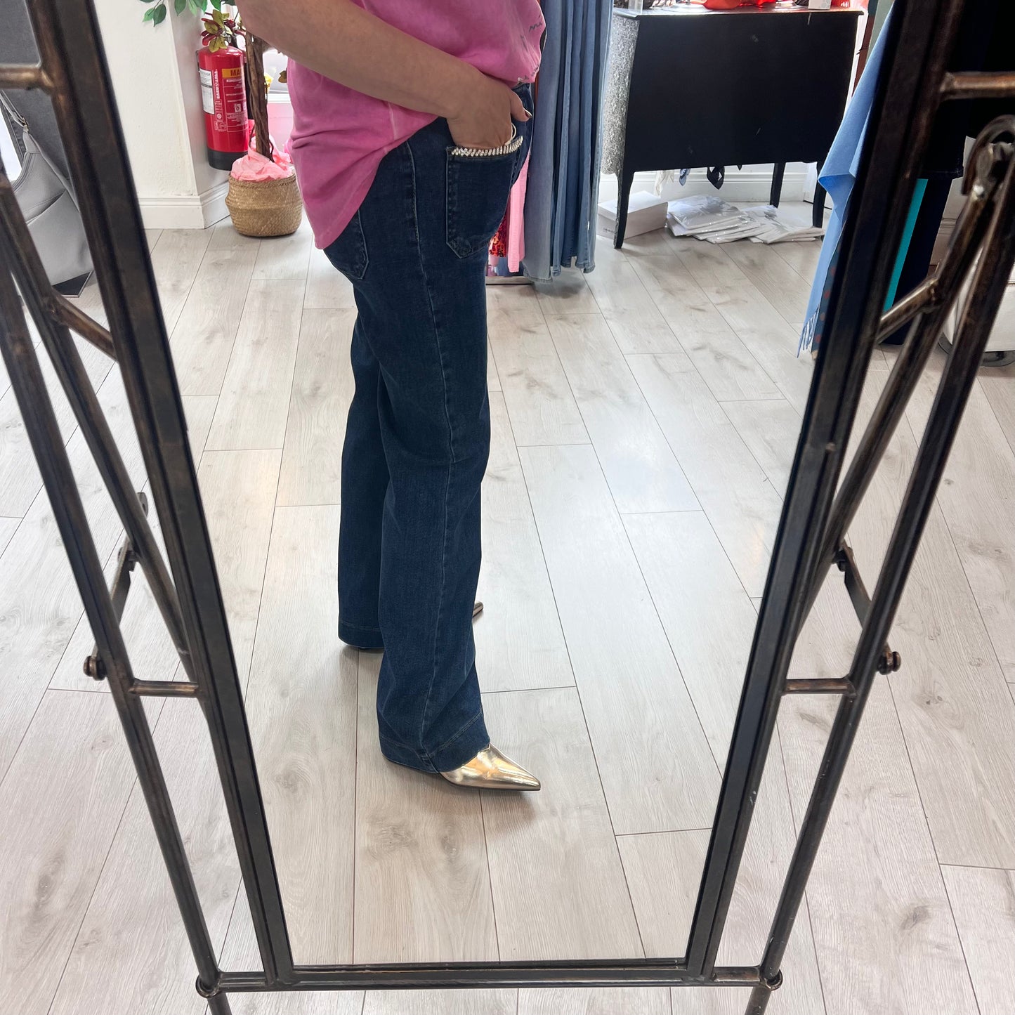 Blue Denim Straight Leg Jeans Jewel Pocket Detail