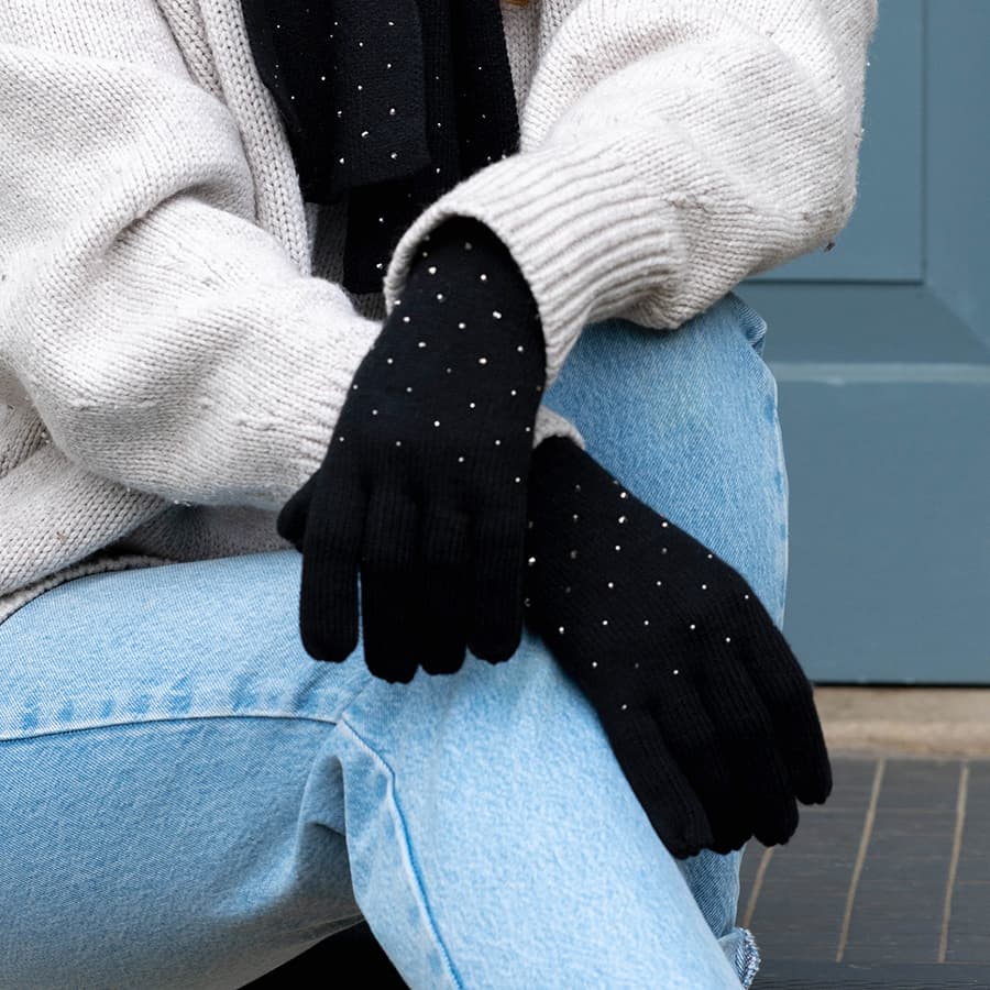 POM Black Crystal Embellished Gloves