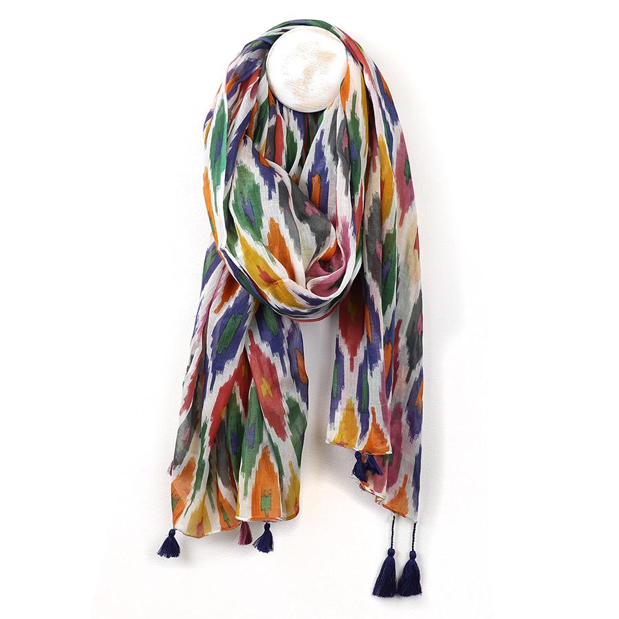 POM Organic Cotton Print Scarf With Tassles