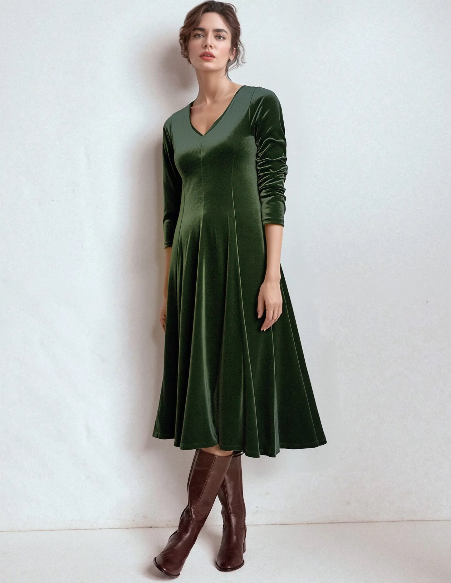 Una Green Velvet Midi Flared Dress