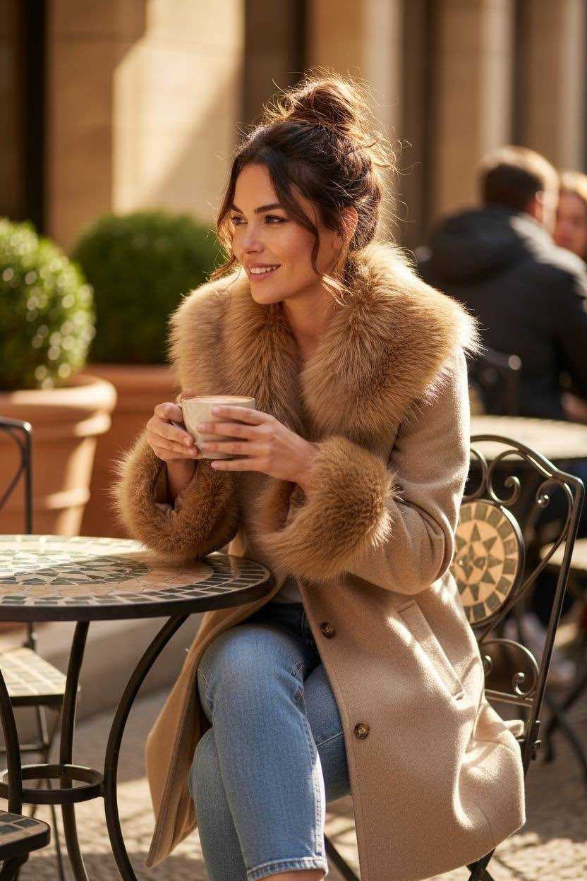 Jessica Coat Fur Trim Camel