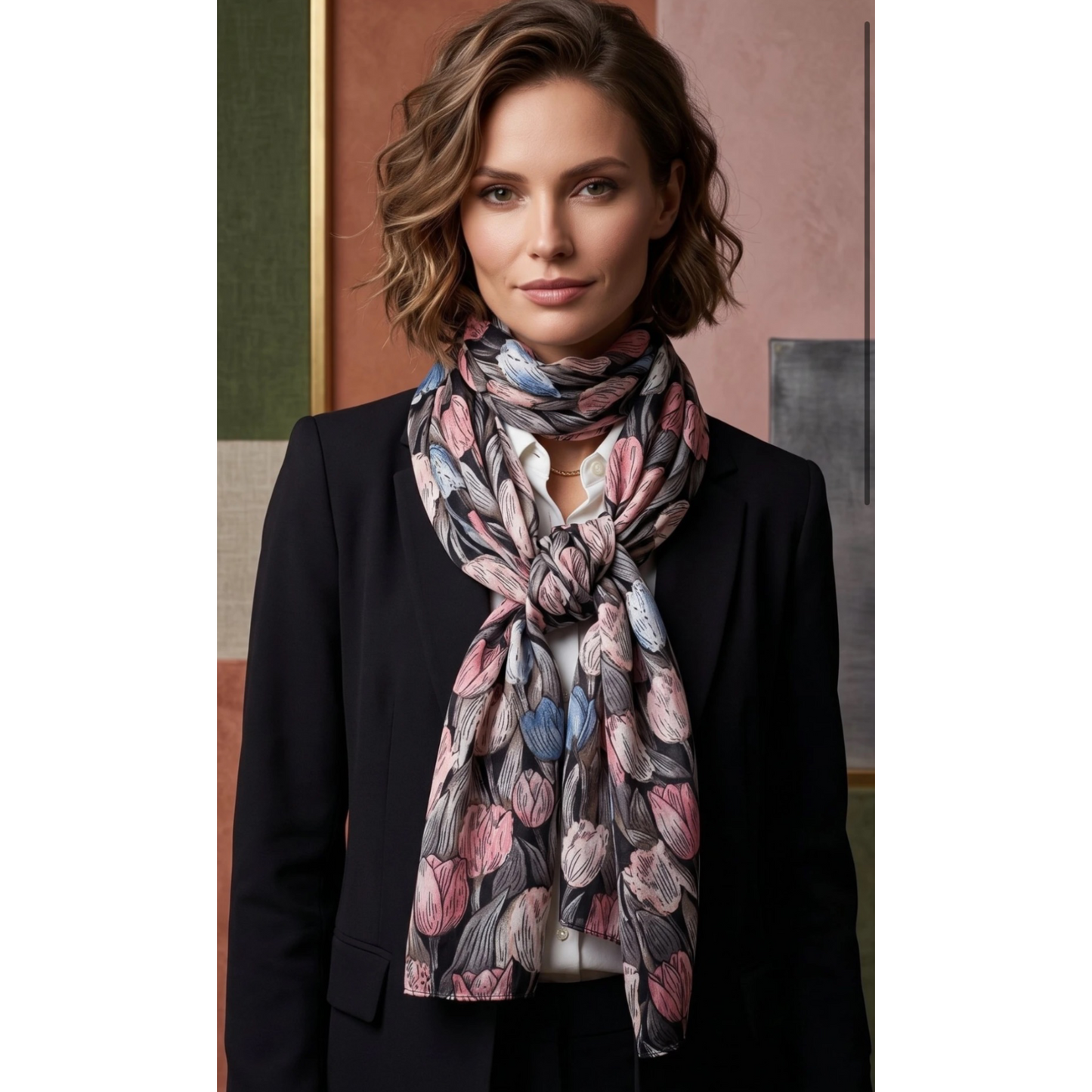 Floral Print Scarf Grey Pink & Blue