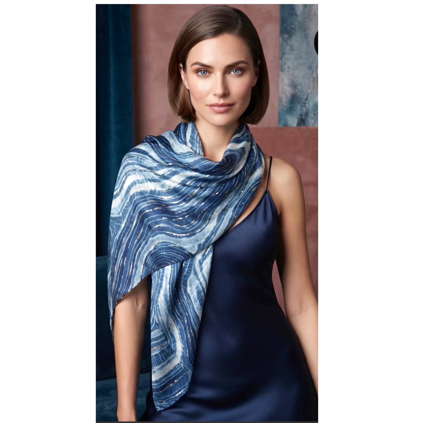 Blue Wave & Gold Print Scarf