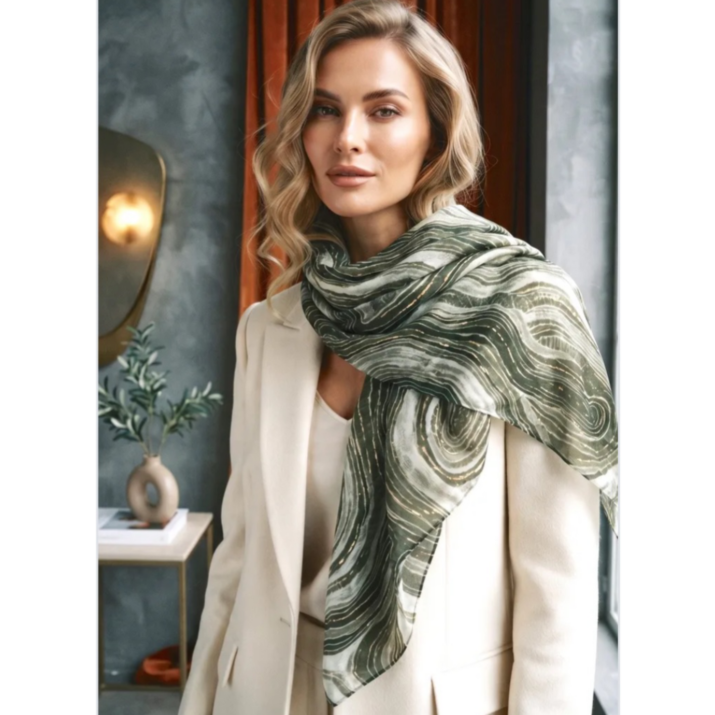 Khaki Wave & Gold Print Scarf