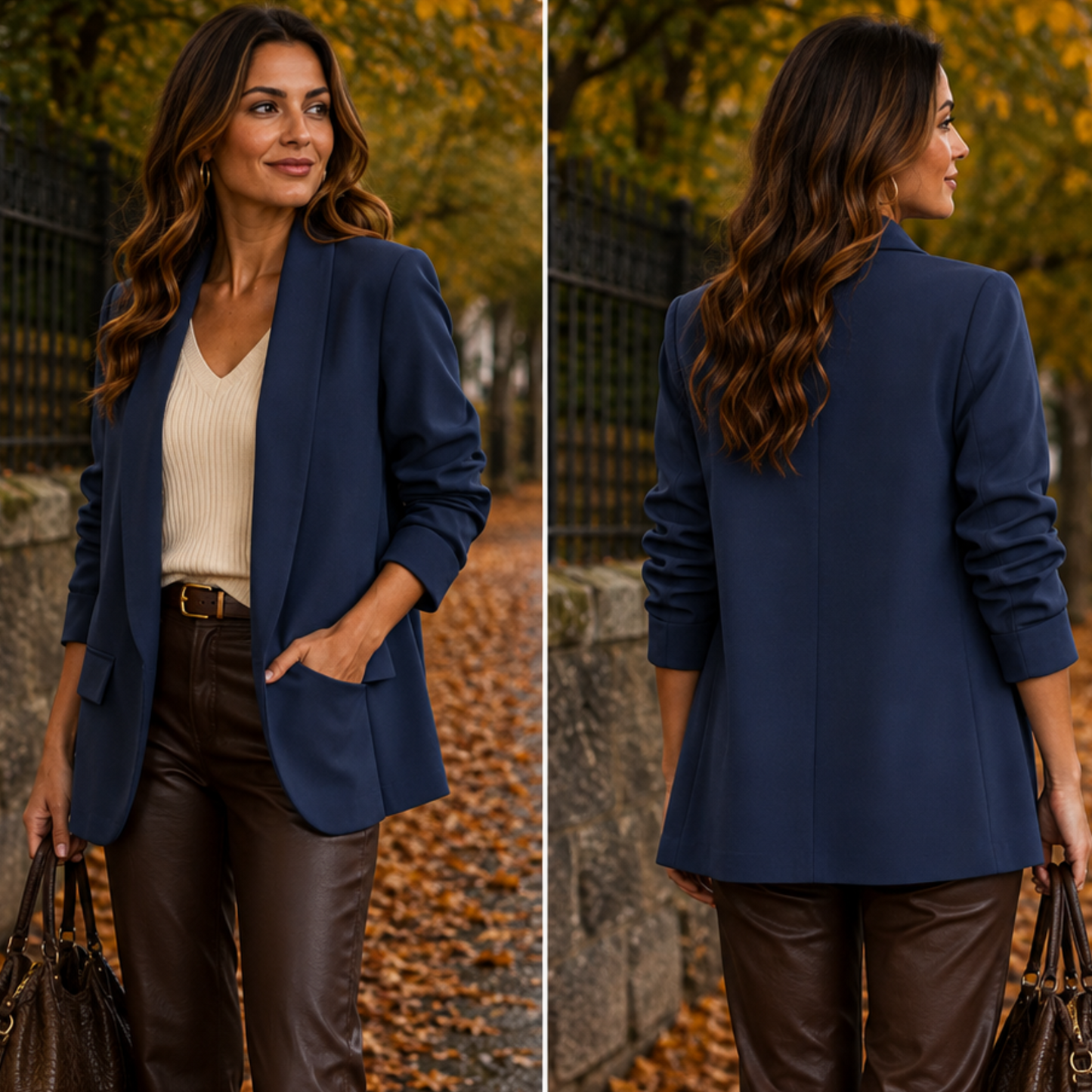 Navy Blue Ruched Sleeve Blazer One Size