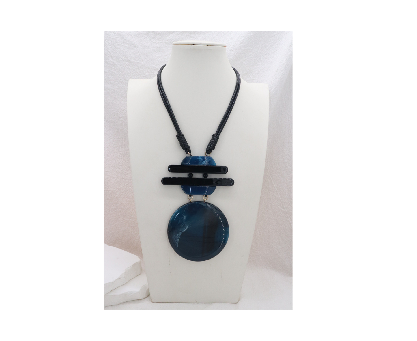 Statement Chord Necklace Blue Circular Pendant