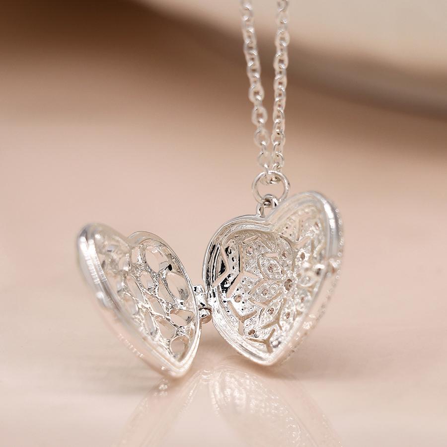 POM Silver plated heart shaped filigree and crystal locket