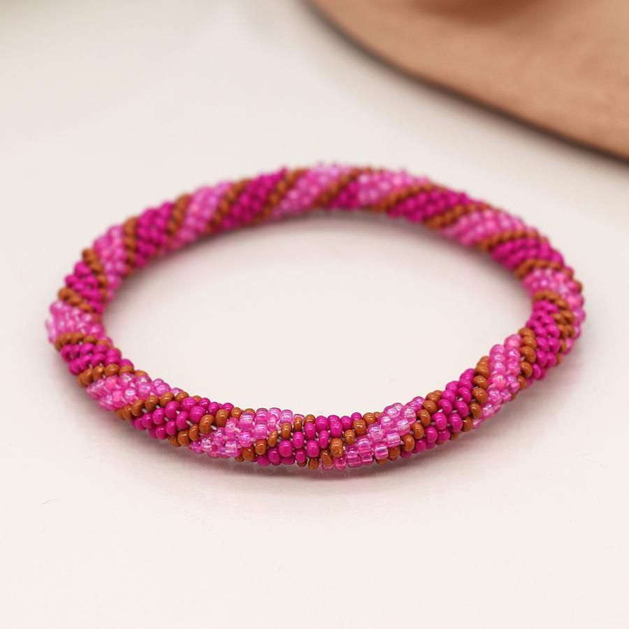 POM Bright Pink & Tan Twist Bead Bracelet