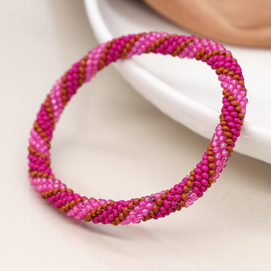 POM Bright Pink & Tan Twist Bead Bracelet