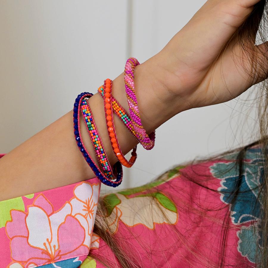 POM Bright Pink & Tan Twist Bead Bracelet