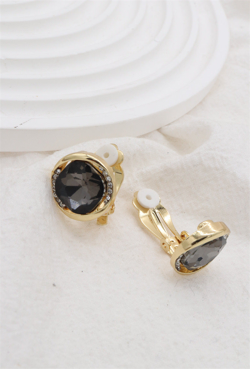 Clip On Earrings Grey Crystal & Gold
