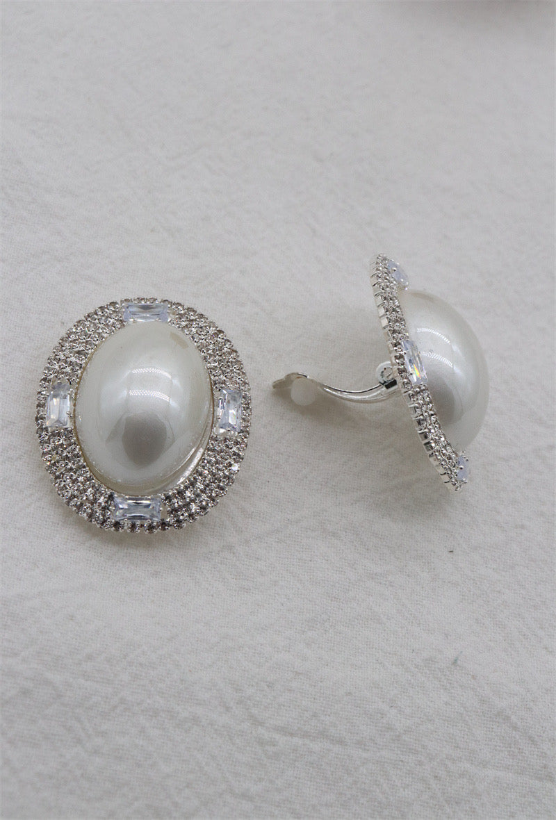Large Oval Clip On Earrings Pearl & Clear Crystal