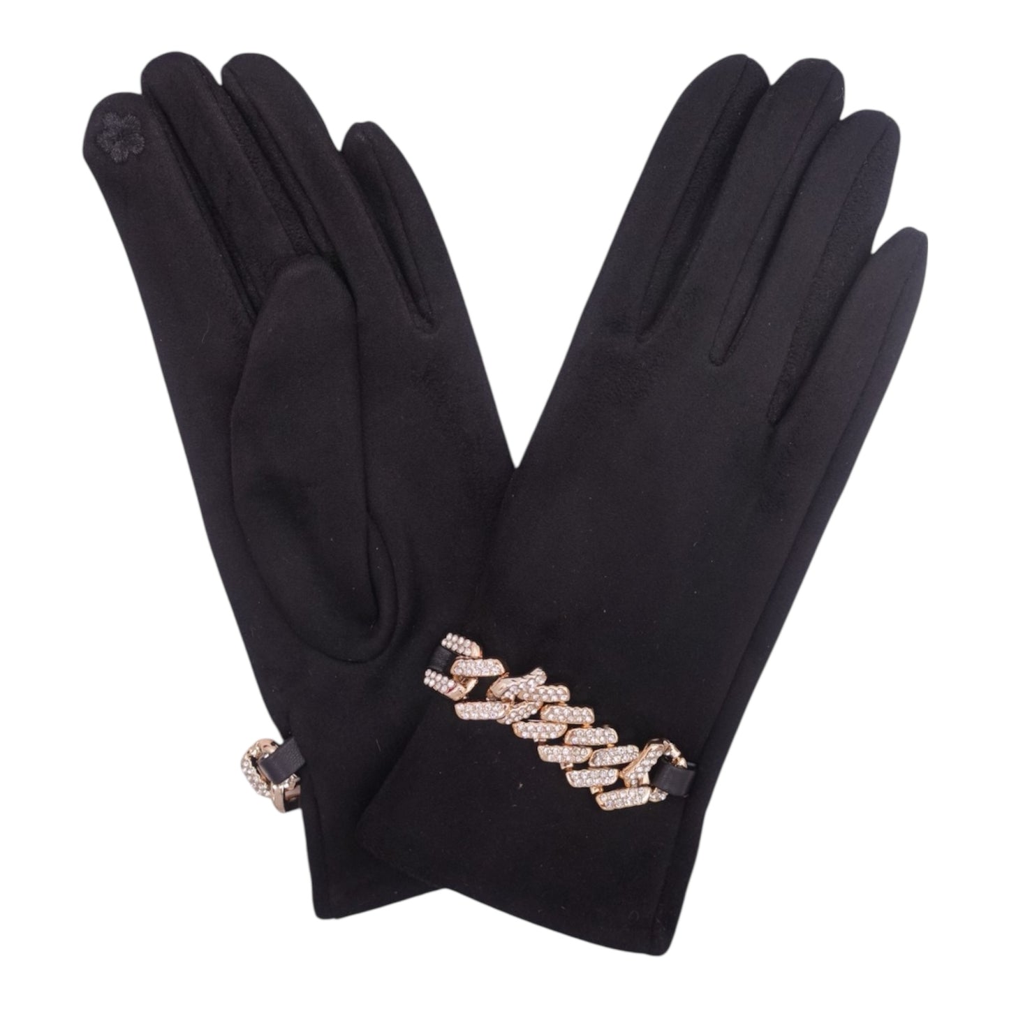 Black Suedette Gloves Gold & Crystal Curb Chain