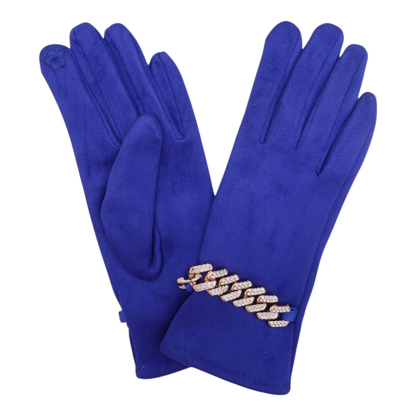 Cobalt Blue Suedette Gloves Gold & Crystal Curb Chain