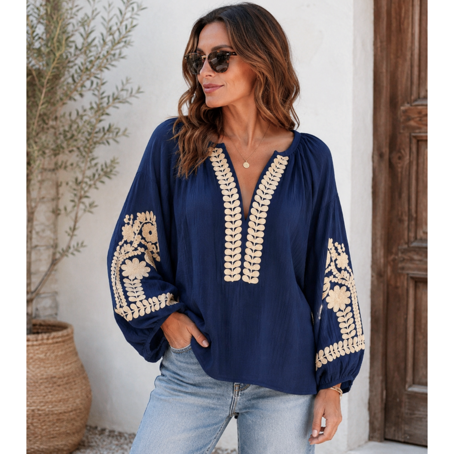 Farah Navy & Beige Boho Top