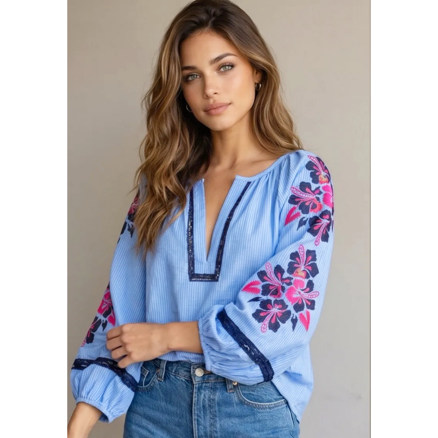 Jess Light Blue Pinstripe Top Embroidered Sleeves