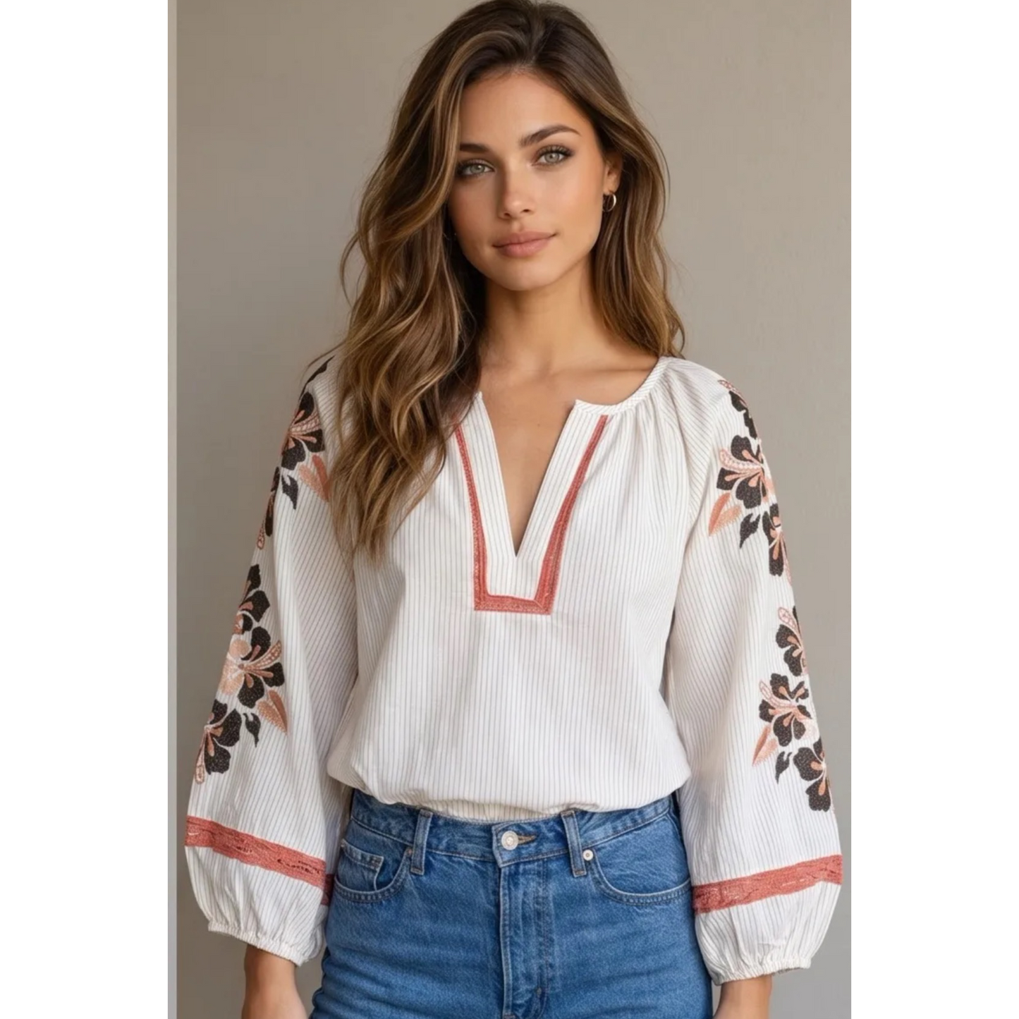 Sienna Embroidered Cotton Boho Top – Cream, Coral & Brown