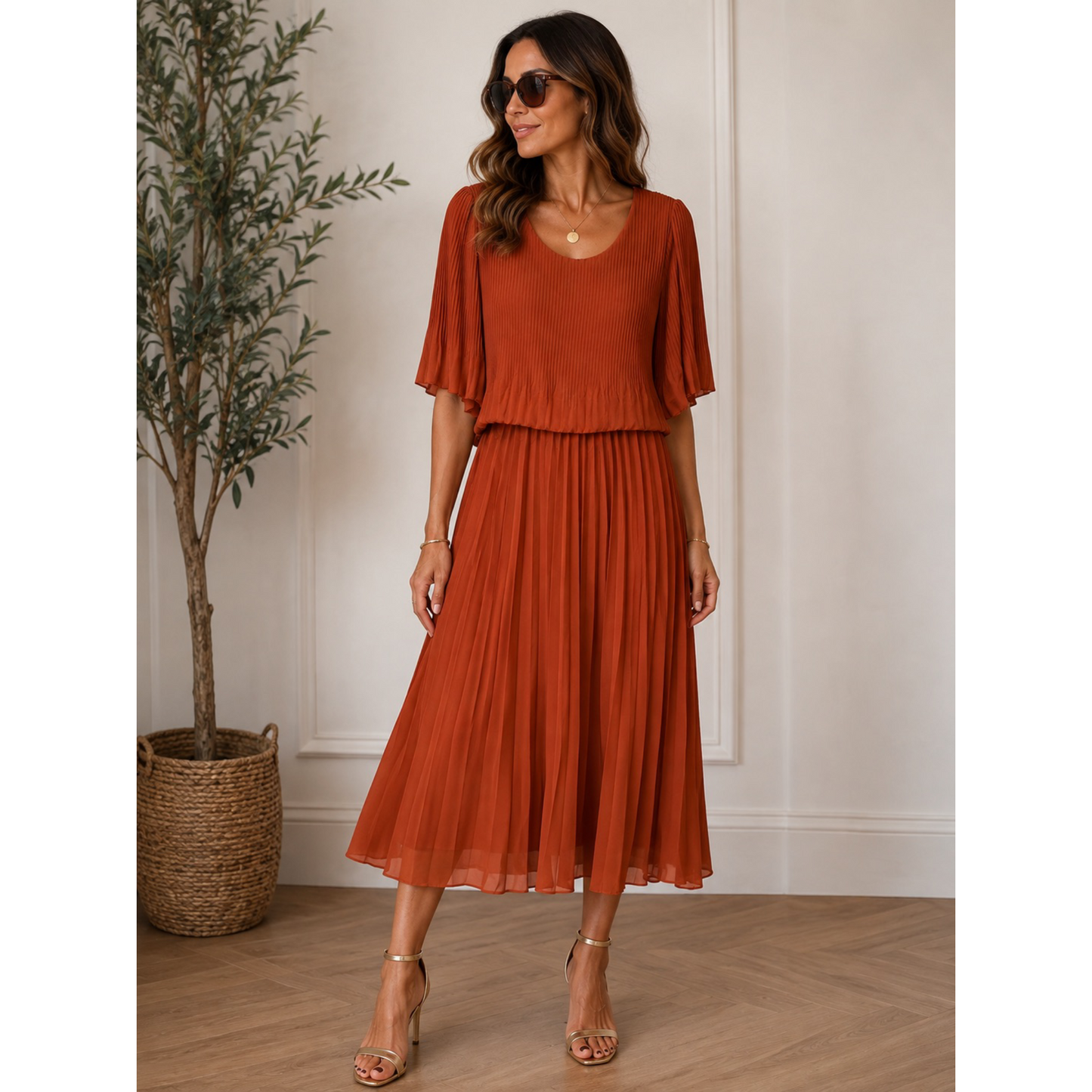 Jessica Rust Pleated Dress One Size