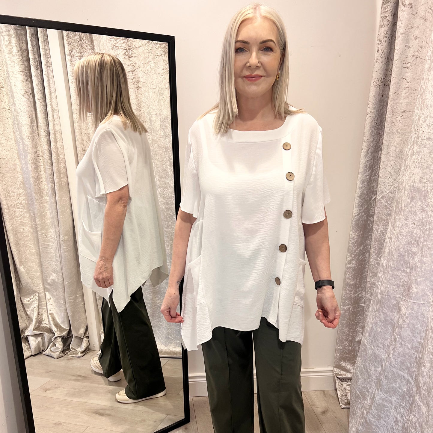 Poppy Off White Oversized Top Button Detail