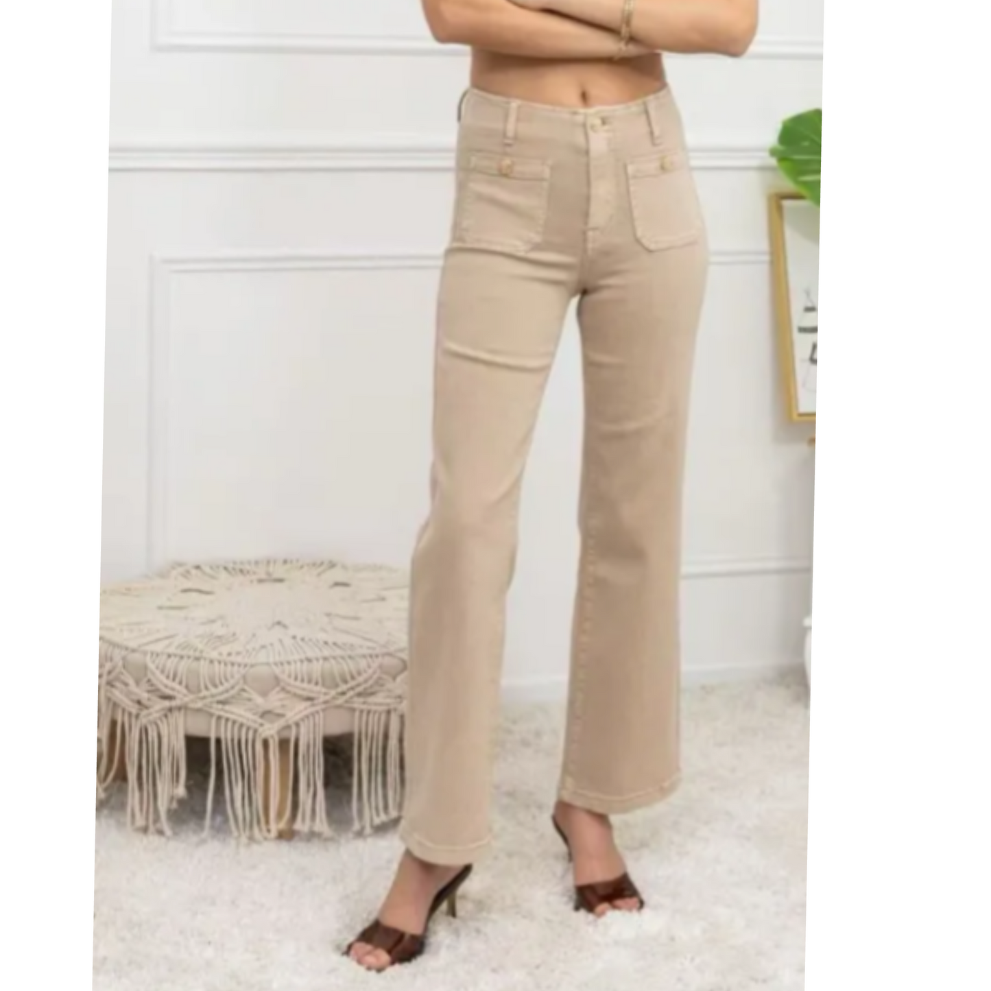 Jessica Beige Straight Jeans Front Pockets