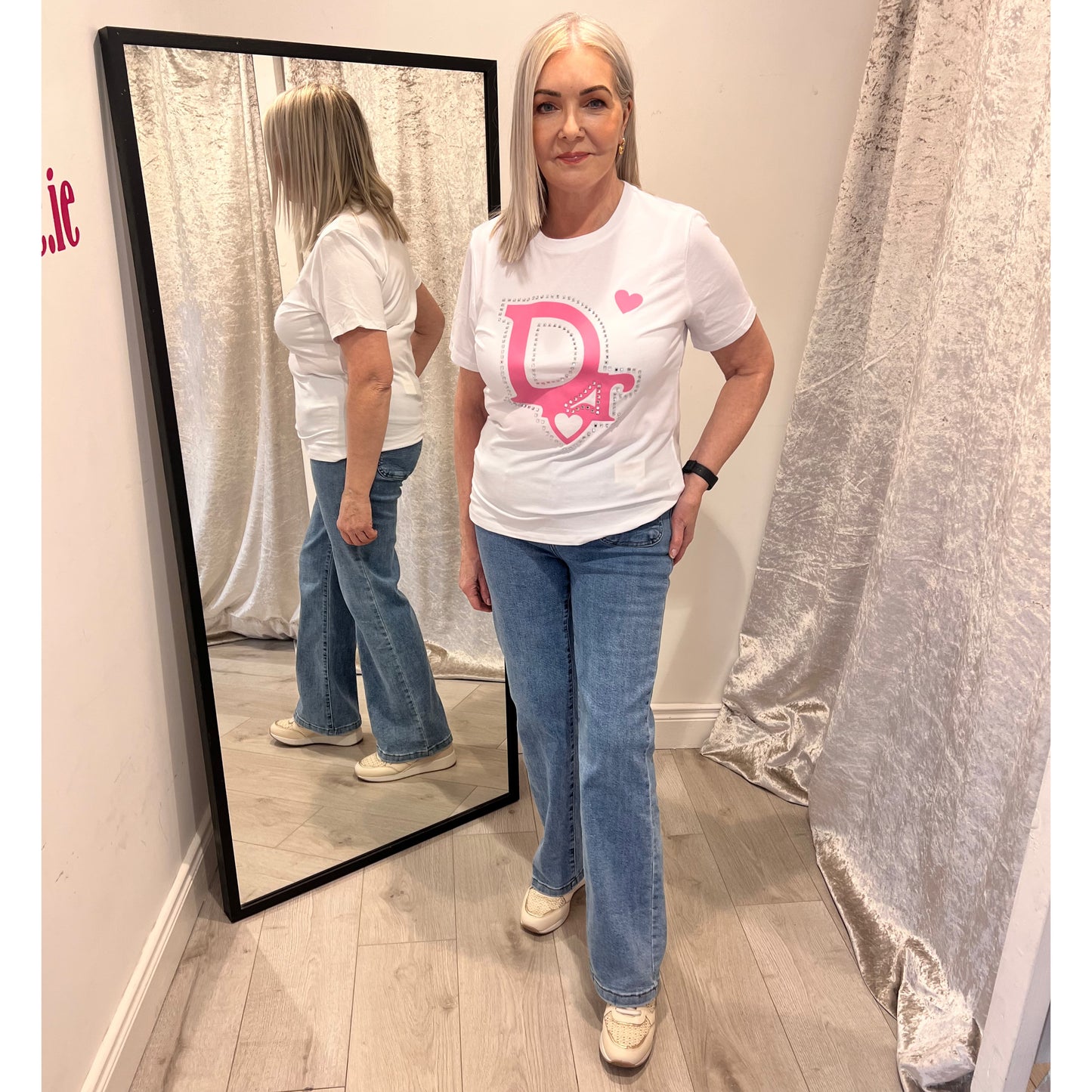 White Cotton T-Shirt Pink/Crystal Motif (Fits 8-12)
