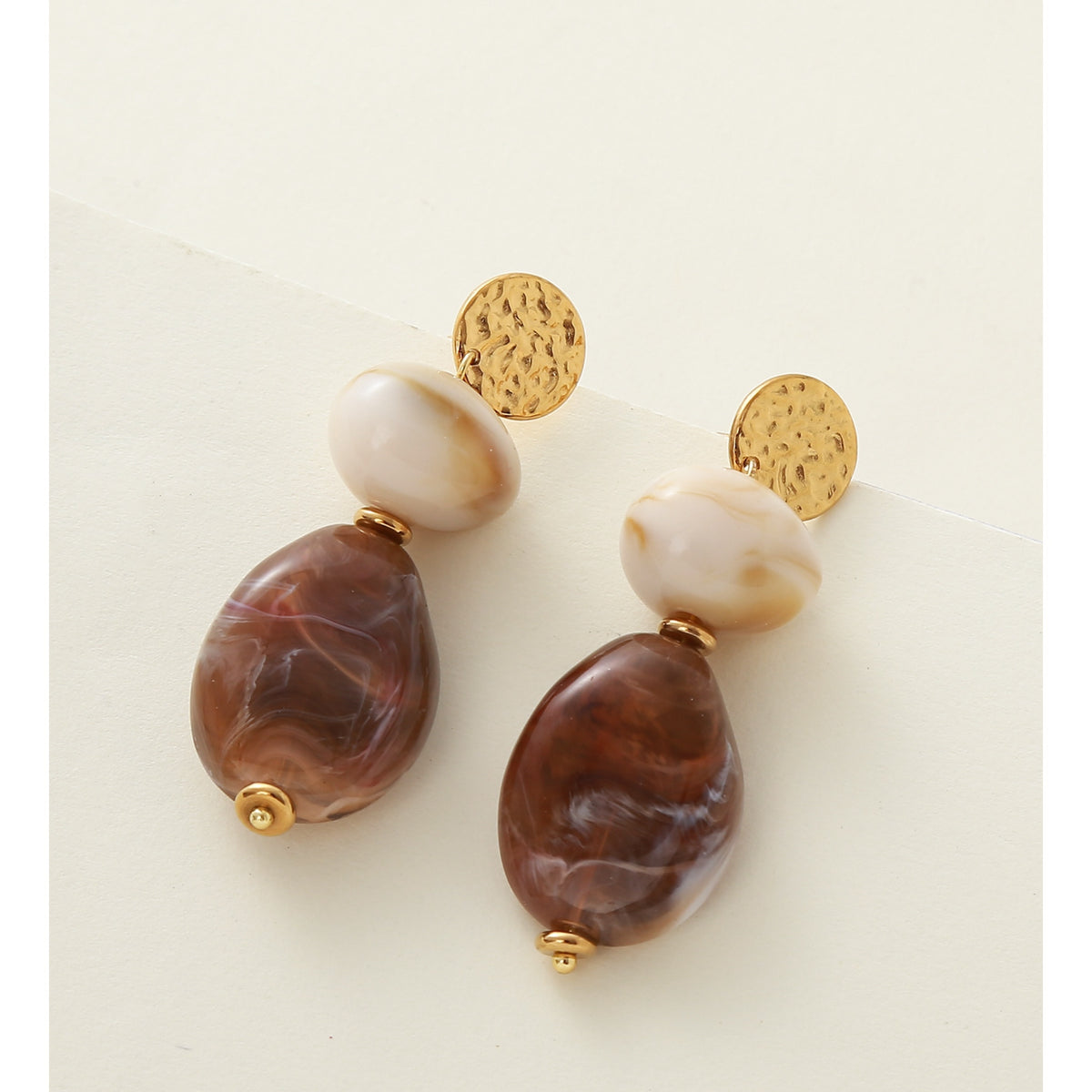 Beige Brown Gold Resin Drop Earrings